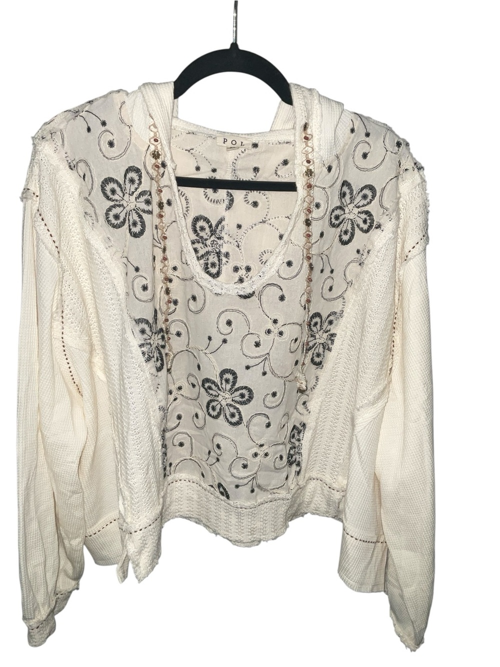 POL NWOT M Ivory Floral Embroidered Mixed Media Hooded Boho Top A34 - Picture 2 of 7